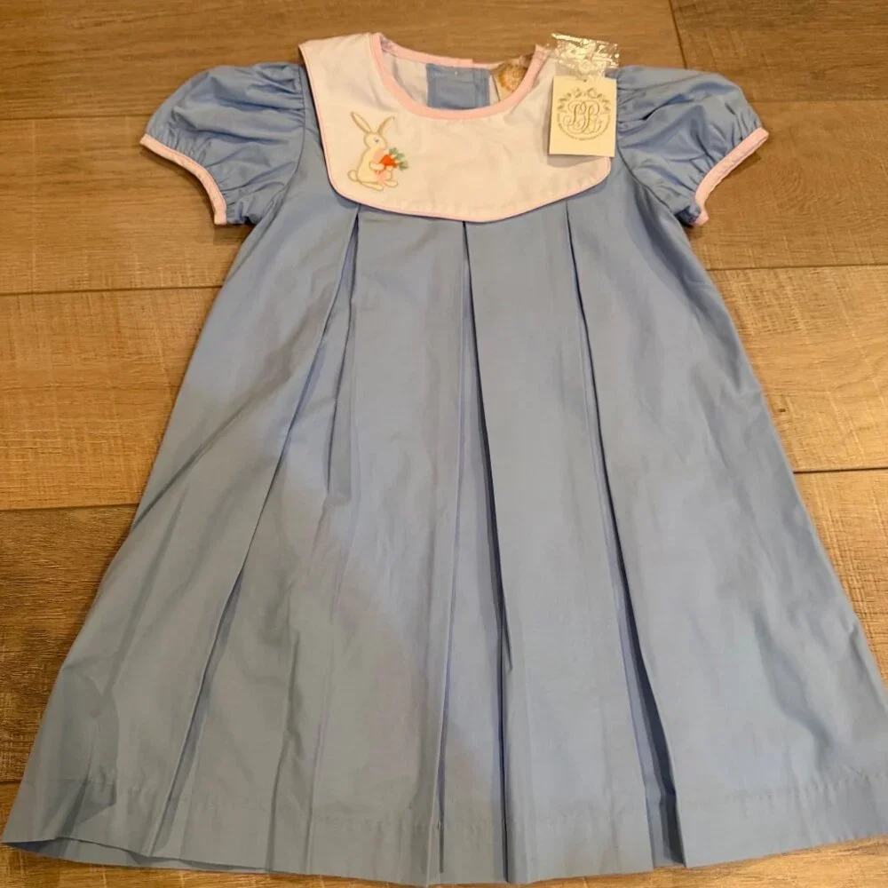 The Beaufort Bonnet Company Blue Dress With Embroidered Easter Bunny Puff Sleeve